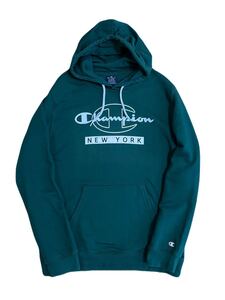 美品 Champion デカロゴ NEW YORK ロゴ スウェット パーカー フーディー XL グリーン