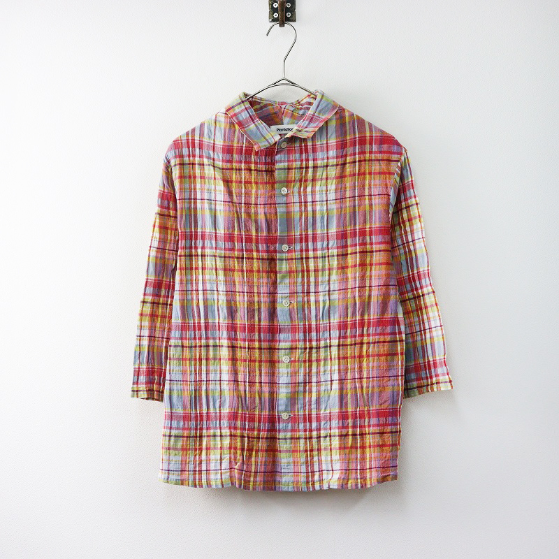 Plantation プランテーション　リネンブラウス　チェック　長袖　緑 Plantation プランテーション リネンブラウス チェック 長袖 緑