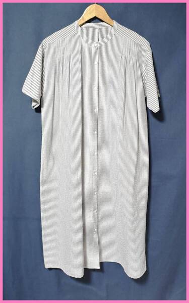 WH‐523‐2春夏☆サンプル品☆送料込み☆即決☆ナチュラル系☆綿☆カッターシャツぐらい☆M~L☆ワンピース☆グレー×白☆ワッフル