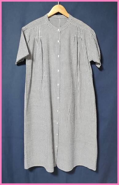WH‐523☆春夏☆新品☆送料込み☆即決☆ナチュラル系☆綿☆カッターシャツぐらい☆M~L☆ワンピース☆濃いグレー×白☆ワッフル素材
