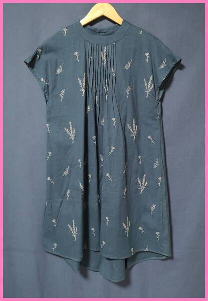 WH‐524☆春夏☆新品☆送料込み☆即決☆ナチュラル系☆綿麻混☆M~Lサイズ☆ワンピース☆ブルーグレー系☆植物刺繍柄☆ゆったり