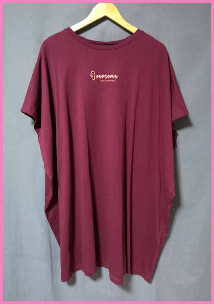 WHT-61‐2☆夏☆サンプル品☆送料込み☆即決☆ナチュラル系☆綿☆Tシャツ素材☆M~L☆ワンピース☆濃いワインレッド系☆前後ロゴ