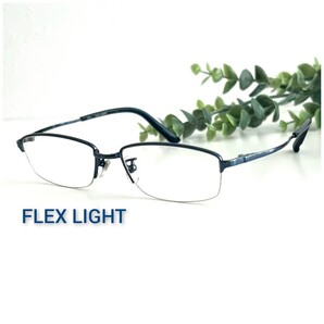 メガネ 眼鏡 FLEX LIGHT ハーフリム ナイロール スクエア ネイビー フレーム ビジネス ユニセックス ブルー 軽量 度入り オシャレ クール