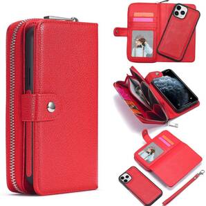 iPhone 13 レザーケース iPhone13 ケース アイフォン13 カバー 手帳型 お財布付き カード収納 ファスナー付き 財布型 お財布付き 赤