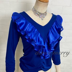 ★送料無料★ 新品 サテン トップス 2851 青 社交ダンス フリル レッスン パーティ コーラス 衣装 スタンダード ワルツ 【MERRY】