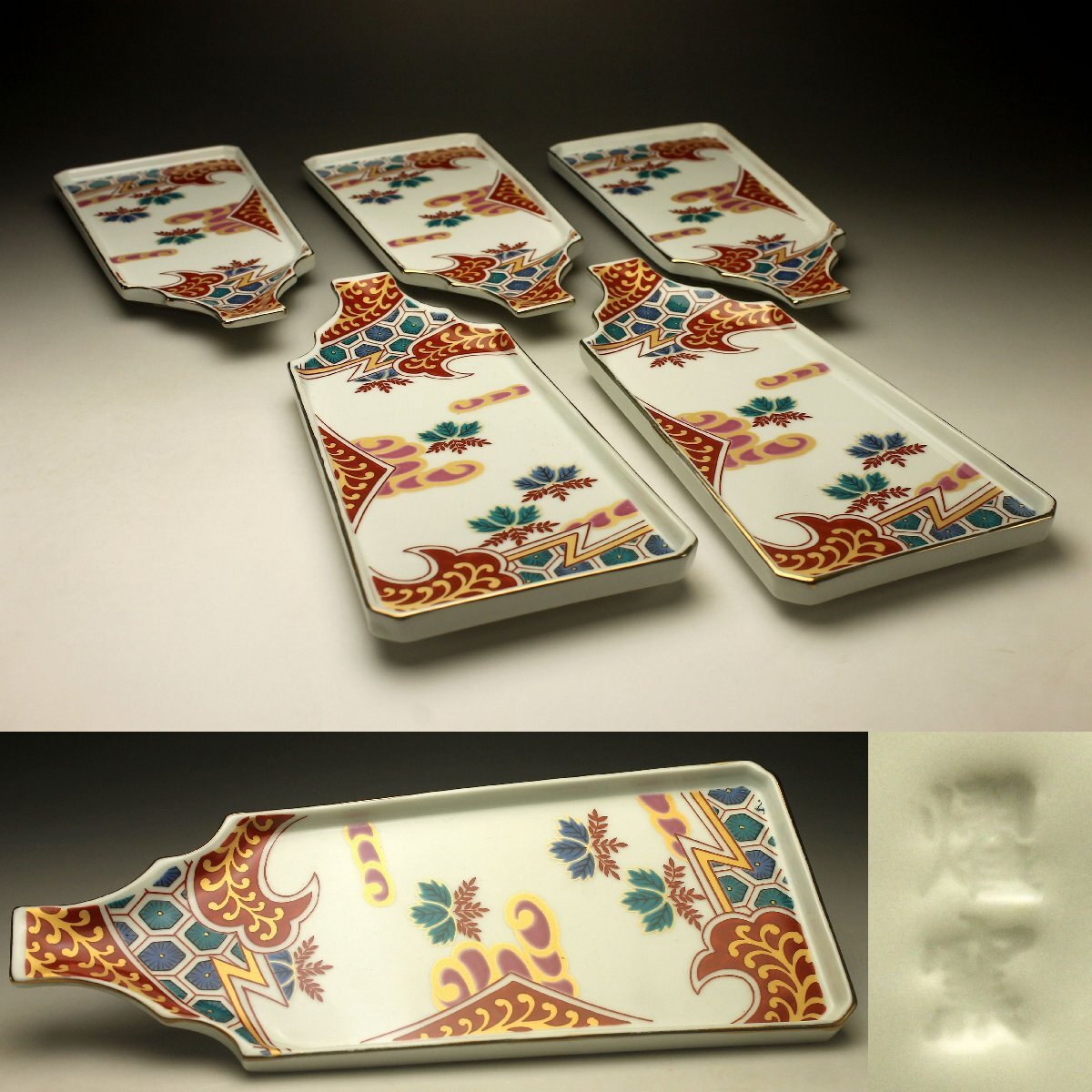 九谷焼　青泉窯　北出塔次郎　椿図　巻物形　長皿　5客　共箱　茶道具　銘々皿 九谷焼 青泉窯 北出塔次郎 椿図 巻物形 長皿 5客