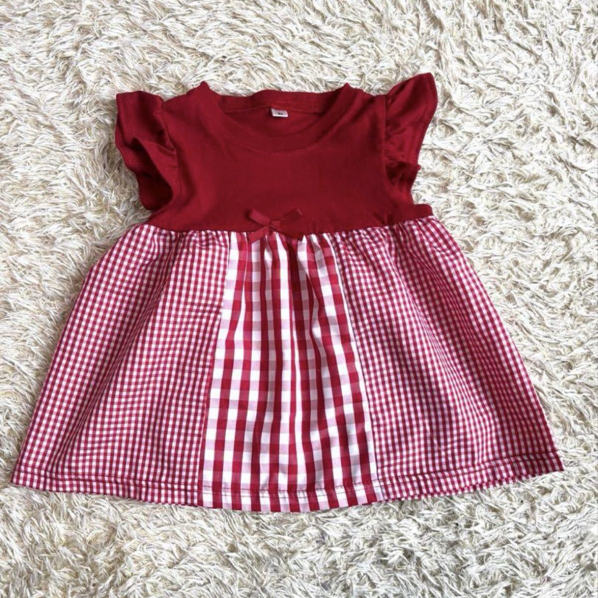 赤のフリル袖ギンガムチェックチュニック 90 キッズ 女の子 ワンピース