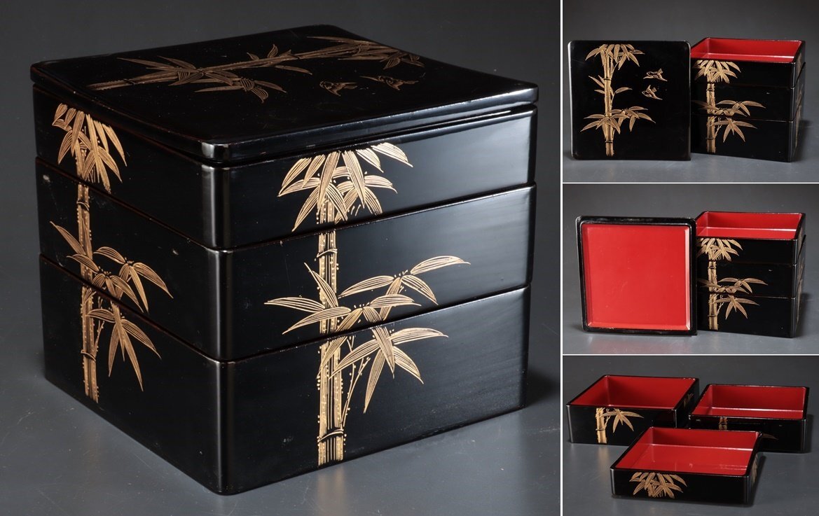 木製 沈金 三段重箱 共箱付き 重箱 3段 木製 漆塗り 溜内朱 松 沈金 6.5寸 日本製 越前漆器