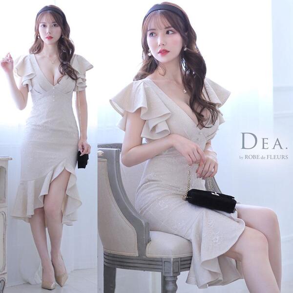 DEA. by ROBE de FLEURS ディア バイ ローブドフルール 総レースxフリルタイトキャバドレス アイボリー