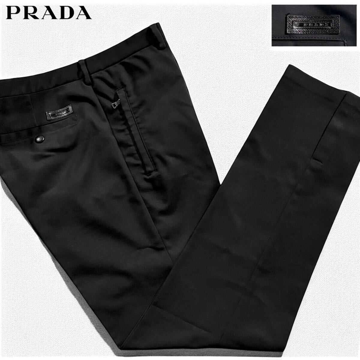 【美品/希少デザイン】PRADA スラックス ラバーロゴ 48 ストレッチ PRADA】プラダ コントラストステッチ ストレッチ パンツ (PRADA