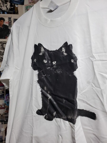 新品│妖しいブラックキャット│黒猫│不気味なネコ│輸入Tシャツ│海外インポート品│海外サイズS(JP-L)│白│ホワイト│ねこ