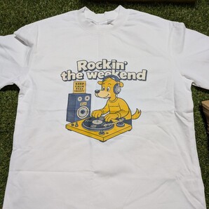 新品│週末を盛り上げよう│ロッキンウィークエンド│DJドッグ│輸入Tシャツ│海外インポート品│海外サイズS(JP-L〜XL)│白│ホワイト