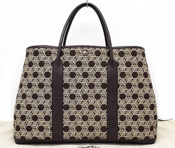 D2724◆極美品【エルメス】ガーデンパーティMM トート ハンドバッグ◆トワルソーアッシュ×ブッフル □K刻印 ベージュ×ブラウン
