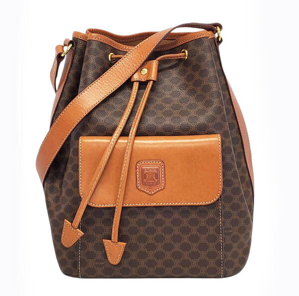D2740◆極美品【CELINE セリーヌ】マカダム柄 ショルダーバッグ 巾着◆PVC×レザー ブラウン ヴィンテージ