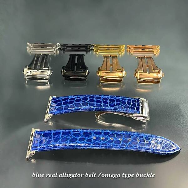 グロス ブルー 特殊バックル 本物 アリゲーター クロコダイル アップルウォッチ ベルト ウルトラ 46mm 49mm 41mm 45mm 38mm 40mm 42mm 44mm