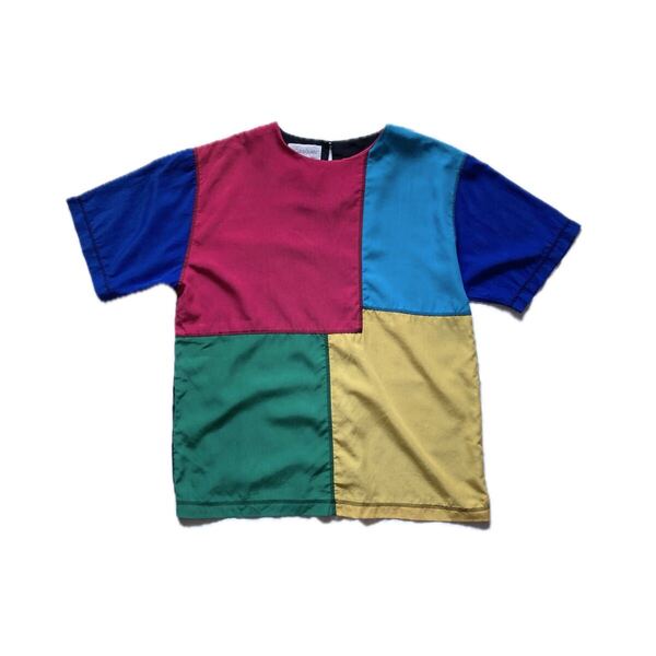 【雰囲気◎】80s マルチカラー半袖ブラウス M相当 レディース古着 ビンテージ ヴィンテージ アメリカ USA Tシャツ カラフル ポリエステル