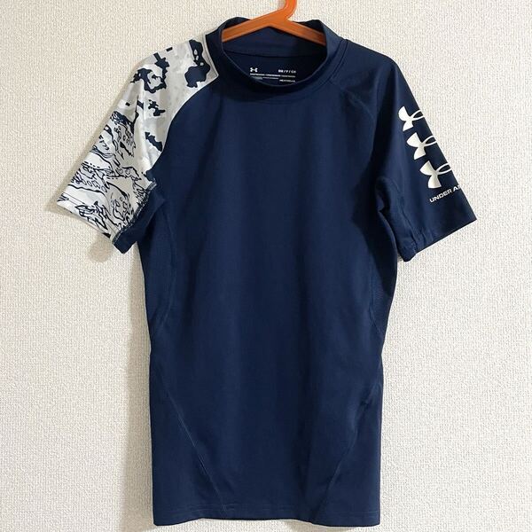 美品 アンダーアーマー コンプレッションシャツ ネイビー SM★半袖 インナーシャツ ヒートギア UNDER ARMOUR スポーツ ジム 筋トレ 165/88A
