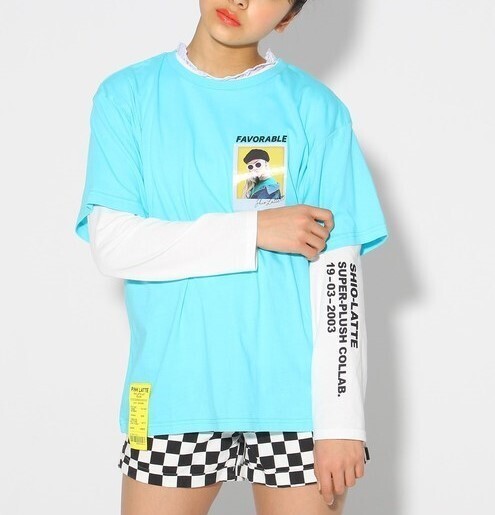 ラスト 新品 PINK-latte ニコラ掲載シオリコラボ 転写プリント×レース+Tシャツ2点SET ライトグリーン 15(XS150cm) 定価4290円