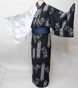 浴衣 単品 仕立て上がり 男性用 半身仕立て CooPass ポリエステル100% M L 4L-5Lサイズ 黒色×白色 新品(株)安田屋 NO42139