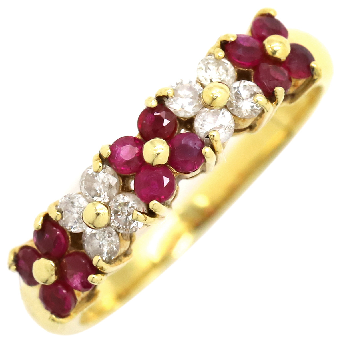 リング 指輪 ルビー ダイヤリング K18YG ゴールド レッド 赤 花モチーフ