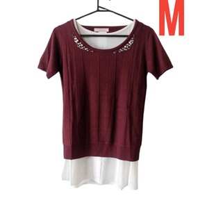 ★新品★ M イマージュ 半袖ニット&ノースリーブチュニック セット エンジ ホワイト 赤系 白 IMAGE ビーズ
