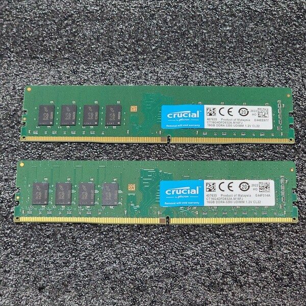 CRUCIAL DDR4-3200MHz 32GB (16GB×2枚キット) CT16G4DFD832A.M16FJ 動作確認済み デスクトップ用 PCメモリ