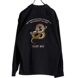 新品Power To The People パワートゥザピープル PLAYOFF 長袖シャツ メンズ Lサイズ 黒 ブラック 龍 ドラゴン バック刺デザイン