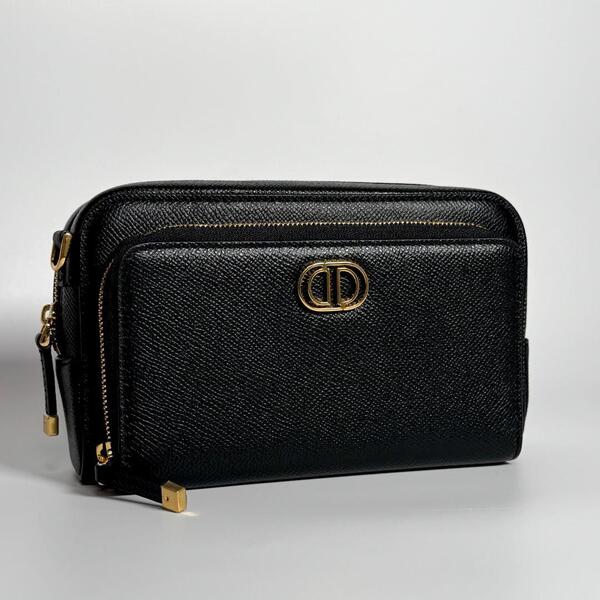未使用 Christian Dior CARO DOUBLE POUCH BAG クリスチャン ディオール カロ ダブルポーチ レザー ショルダーバッグ ブラック 黒 本革