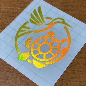 限定カラー メタリックイエロー系 鶴と亀 ロゴ イラスト カッティングステッカー 中サイズ ホログラフィック系×クリアイエロー