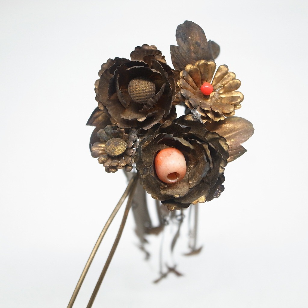 アンティーク　金工　珊瑚　簪　銀かんざし　鼓　G8　着物　明治　骨董　髪飾り アンティーク 金工 珊瑚 簪 銀かんざし 紫陽花 H7 着物 明治