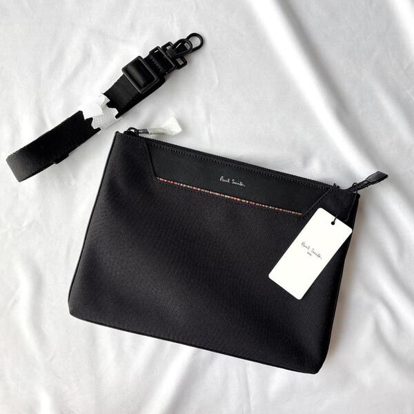 <未使用!!>■Paul Smith ポールスミス キャンバス×レザー ショルダーバッグ 斜めがけ 普段使い 軽量 コンパクト ブラック 黒 管:2508007