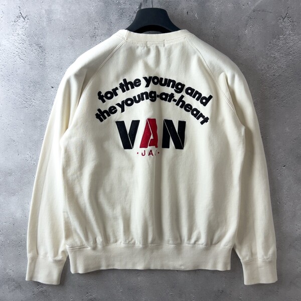 名作 VAN JACKET ヴァンヂャケット VAN JAC 背面 刺繍 アーチロゴ 長袖 スウェット トレーナー トップス メンズ L 白 日本製 アイビー
