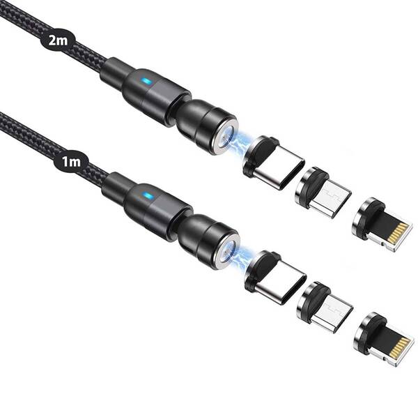 【2本セット 1m+2m】マグネット充電ケーブル 3A 急速充電 540°回転 3in1 マグネット式 磁石 着脱式(色: ブラック)