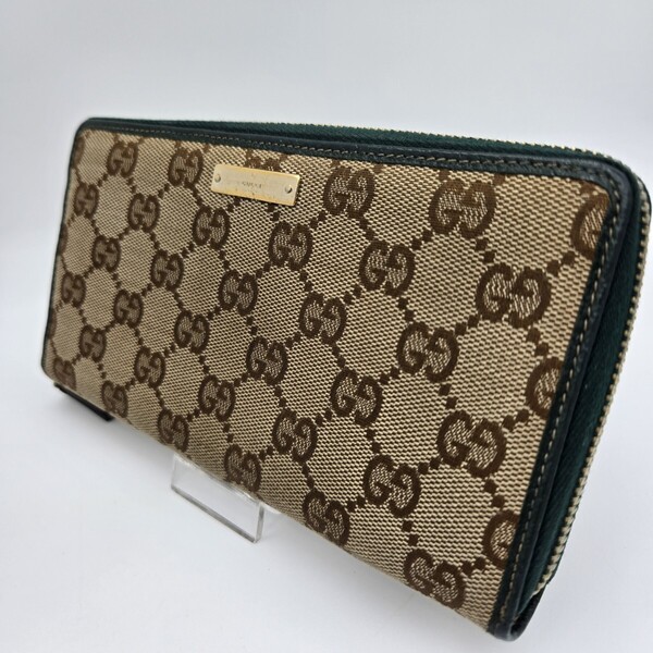 GUCCI グッチ ラウンドファスナー 長財布 財布 GGキャンバス レザー ベージュ グリーン