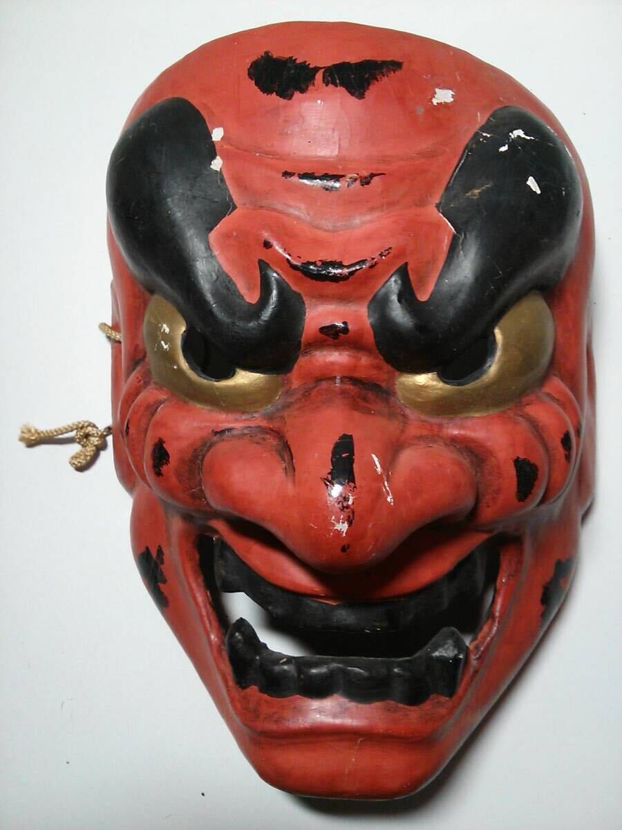 稀少！ 神楽面 浮立 「恵」 在銘 神楽面 鬼面 魔除け 能面 石見神楽面 大 般若 鬼面 般若面 浮立 壁飾り 能面 神楽 お面