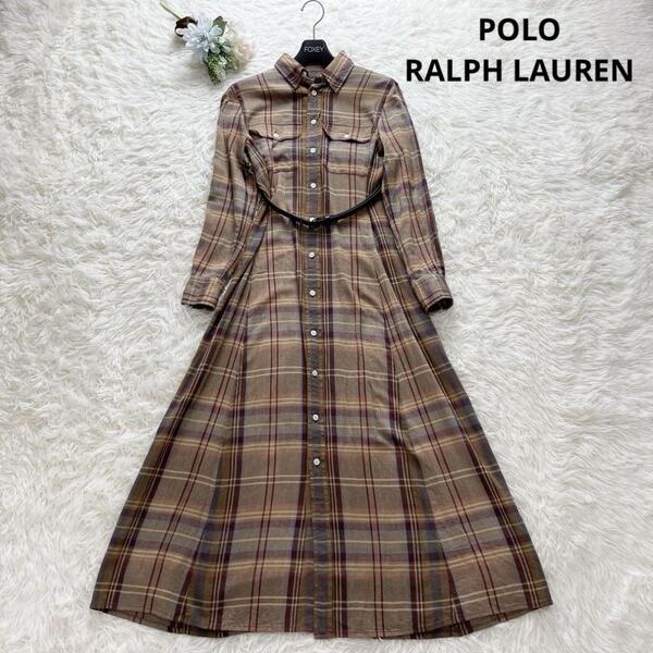 大人気 POLO RALPH LAUREN ポロラルフローレン シャツワンピース チェック ベルト ブラウン 長袖 Aライン 美シルエット トレンド M相当
