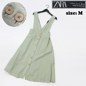 ZARA /M/ グリーン ワンピース ノースリーブドレスボタン レディース ジャンパースカートカジュアル 通勤 フェミニン 大人可愛い生地 ザラ
