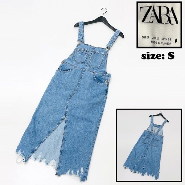ZARA /S/ ブルー デニムサロペットスカート レディース スリット カジュアル ボトム 生地コットン フェミニン 大人可愛い デイリー ザラ
