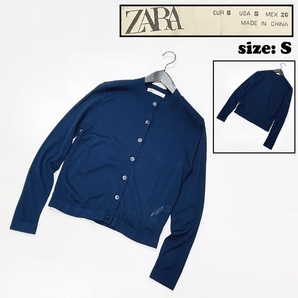 ZARA /S/ ネイビー 長袖カーディガン トップス レディース ホワイトタグ カジュアル 通勤 フェミニン 大人可愛い生地 ボタン デイリー ザラ