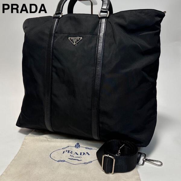 s02【美品】プラダ PRADA 三角ロゴ ナイロン レザー ブラック 黒 2way ハンドバッグ トートバッグ ショルダーバッグ