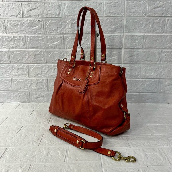 美品 COACH コーチ 本革 オールレザー 2way トートバッグ ハンドバッグ ショルダーバッグ 赤茶 ブラウン レディース 通勤 通学 ビジネス