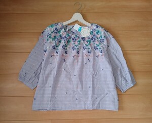 ◆新品◆persoda チェック ドビー 生地 フラワー 花柄 パネル プリント XL 大きいサイズ LL インド 綿 コットン 100% ブラウス 紫 パープル