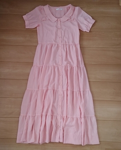 ◆メアリーローズ◆Mary Rose◆夢展望◆フリル◆ティアード◆ロング 半袖 マキシ◆シフォン 襟 シャツ 衿 ワンピース◆ピンク M