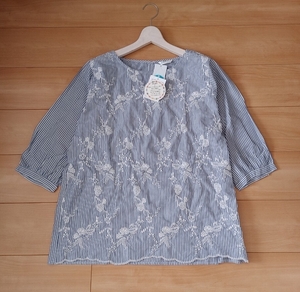 ◆新品◆persoda ストライプ 柄 ボタニカル 植物 フラワー 花柄 スカラップ 刺繍◆ブラウス◆インド 綿 コットン◆トップス 青 ブルー 白 L
