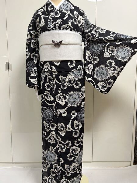 黒地の浴衣 M ゆかた ユカタ 自宅で洗えるゆかた ブラック 浴衣単品販売 M