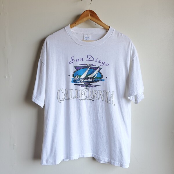 I19◆【size XL】90s USA製 Center Cut プリント ヘビーTシャツ 半袖 白 ホワイト vintage 中古 USED 古着 San Diego CALIFORNIA