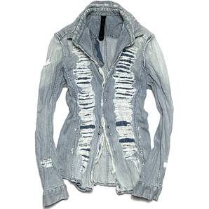 定価6.2万 wjk destroyed stretch denim hook shirt サイズS ストレッチデニムホックシャツ akm ジュンハシモト