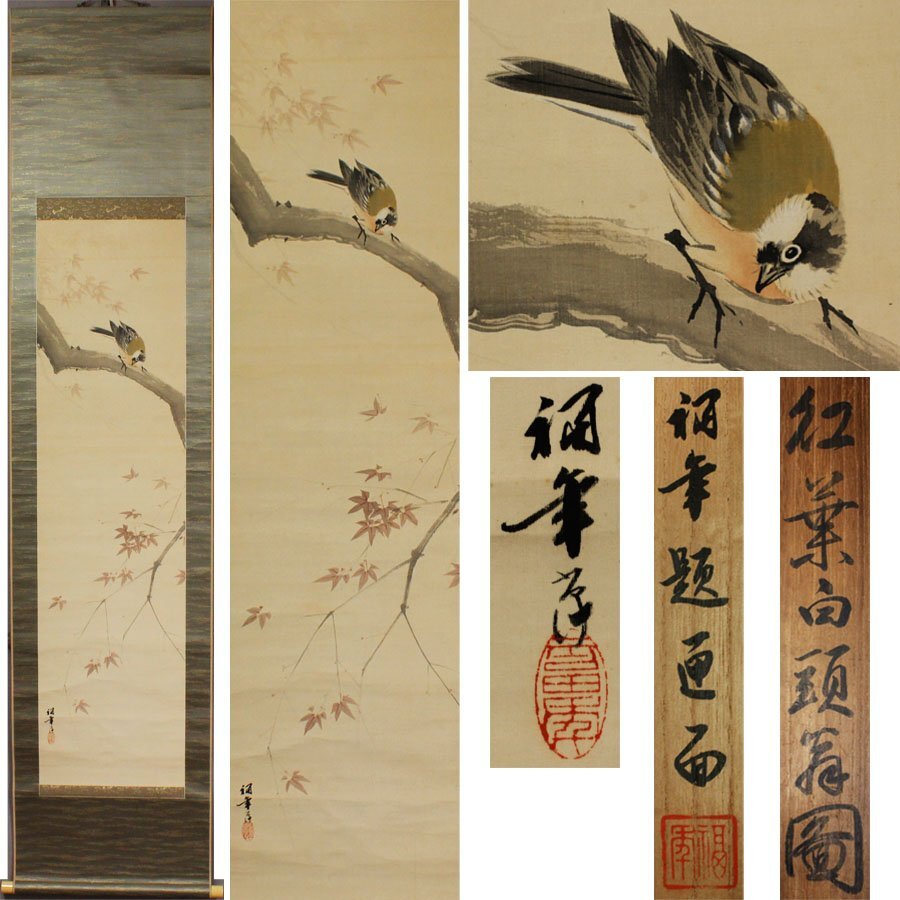 真作/東原方僊/晩秋紅葉に四十雀図/桐共箱二重箱付/布袋屋掛軸HG-884 真作/東原方僊/晩秋紅葉に四十雀図/桐共箱二重箱付/布袋屋掛軸HG