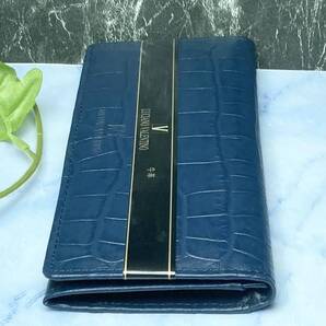 牛革 クロコ型押し 二つ折り長財布、小銭入れ、軽量、薄い長財布、男女兼用、新品・当日発送(ネイビー)