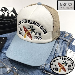 BROSS ホワイト×ライトブルー系×ベージュ メッシュキャップ 刺繍 生地コットンナイロン混スポーツゴルフ バイクトラック 野球帽子 ブロス